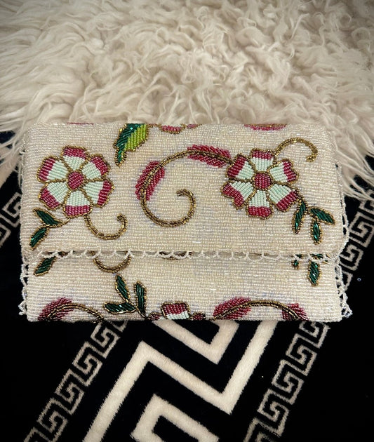 White Hand beaded clutch with Floral and leaf detailings - Amal Ayub