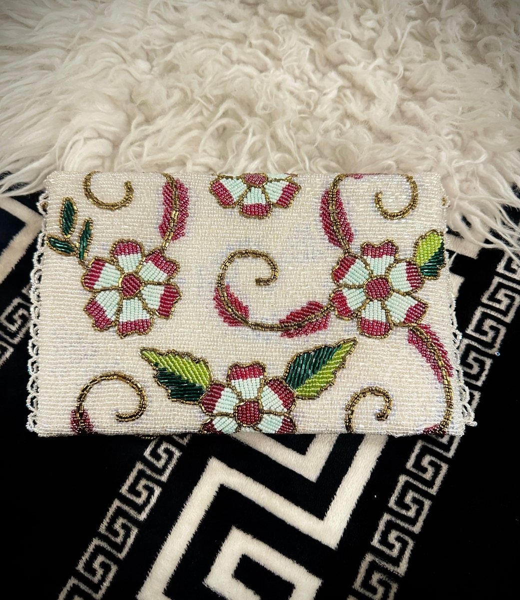 White Hand beaded clutch with Floral and leaf detailings - Amal Ayub