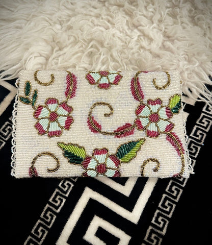 White Hand beaded clutch with Floral and leaf detailings - Amal Ayub