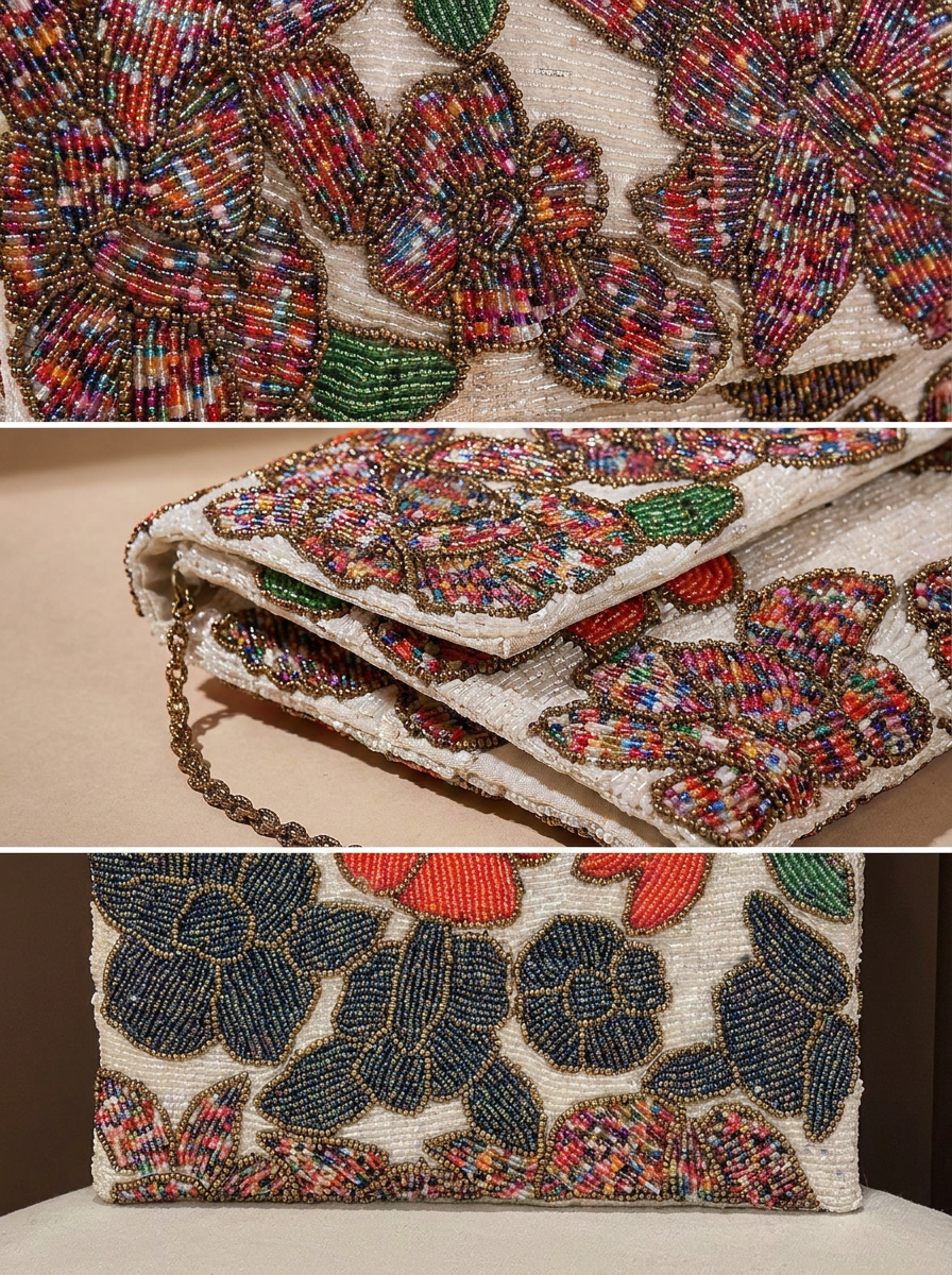 White Multicolour Floral Beaded Evening Clutch & Shoulder Bag for women | Amal Ayub - Amal Ayub