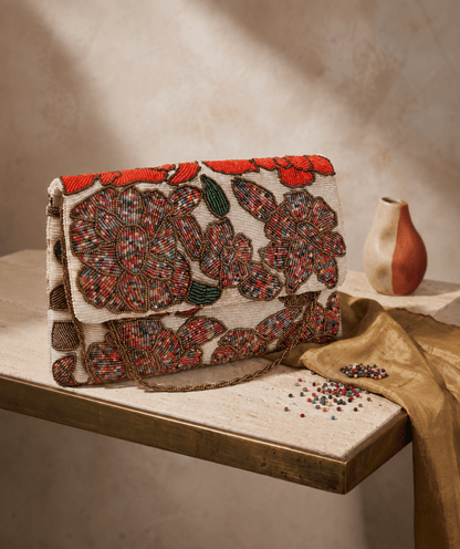 White Multicolour Floral Beaded Evening Clutch & Shoulder Bag for women | Amal Ayub - Amal Ayub