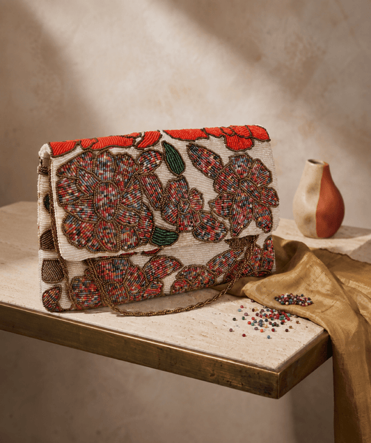 White Multicolour Floral Beaded Evening Clutch & Shoulder Bag for women | Amal Ayub - Amal Ayub
